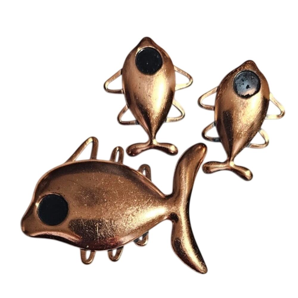 Vintage Renoir of Cali Mid Century Copper School of Fish Brooch Earring Set